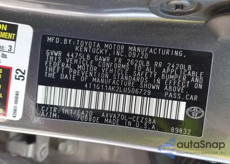 2020 Toyota Camry Se z USA, uszkodzony, nr VIN 4T1G11AK2LU506729